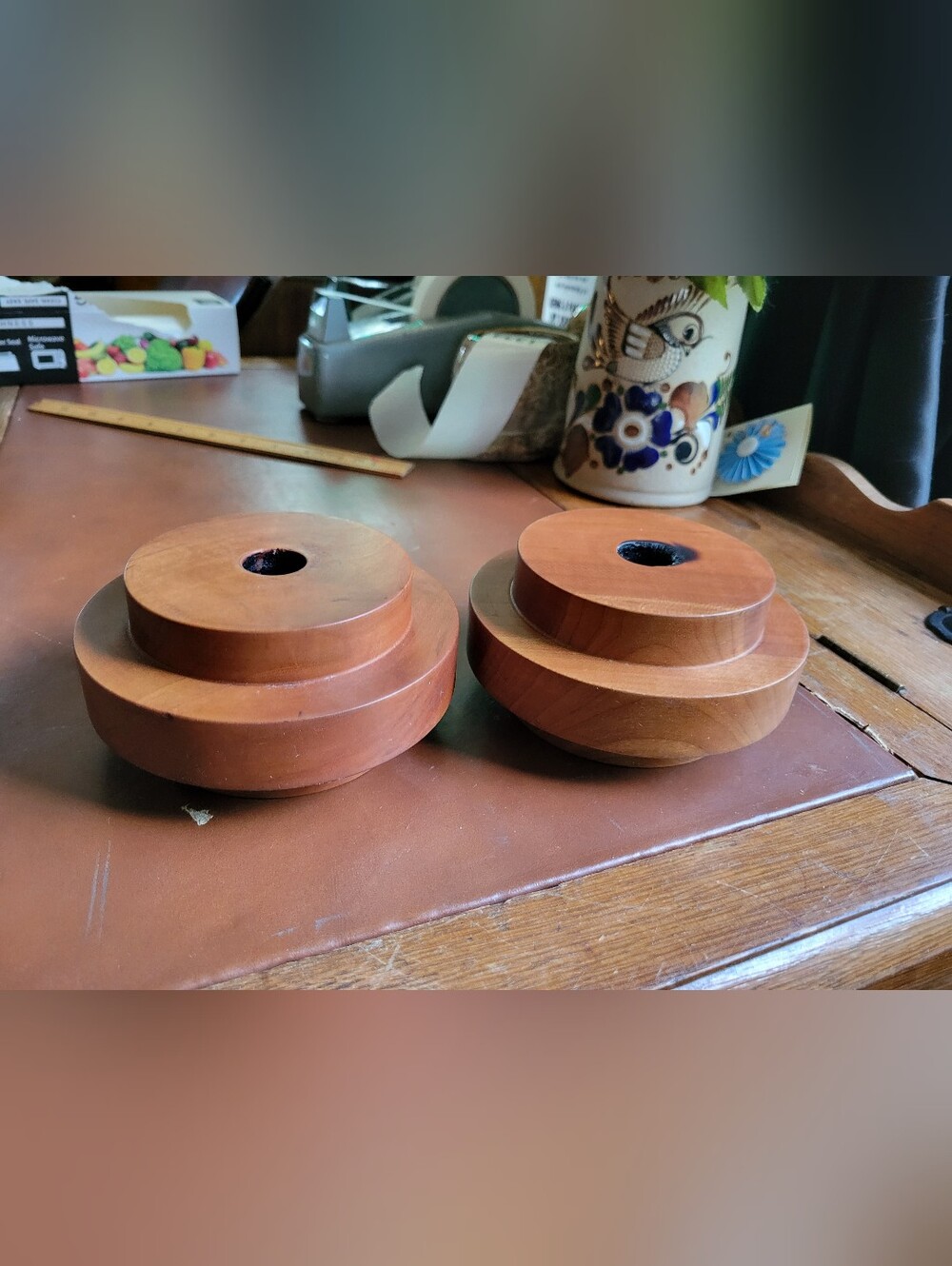 Vintage Mid Century Modern Turned Wood Candlestick Holders Pair Tiered MCM
